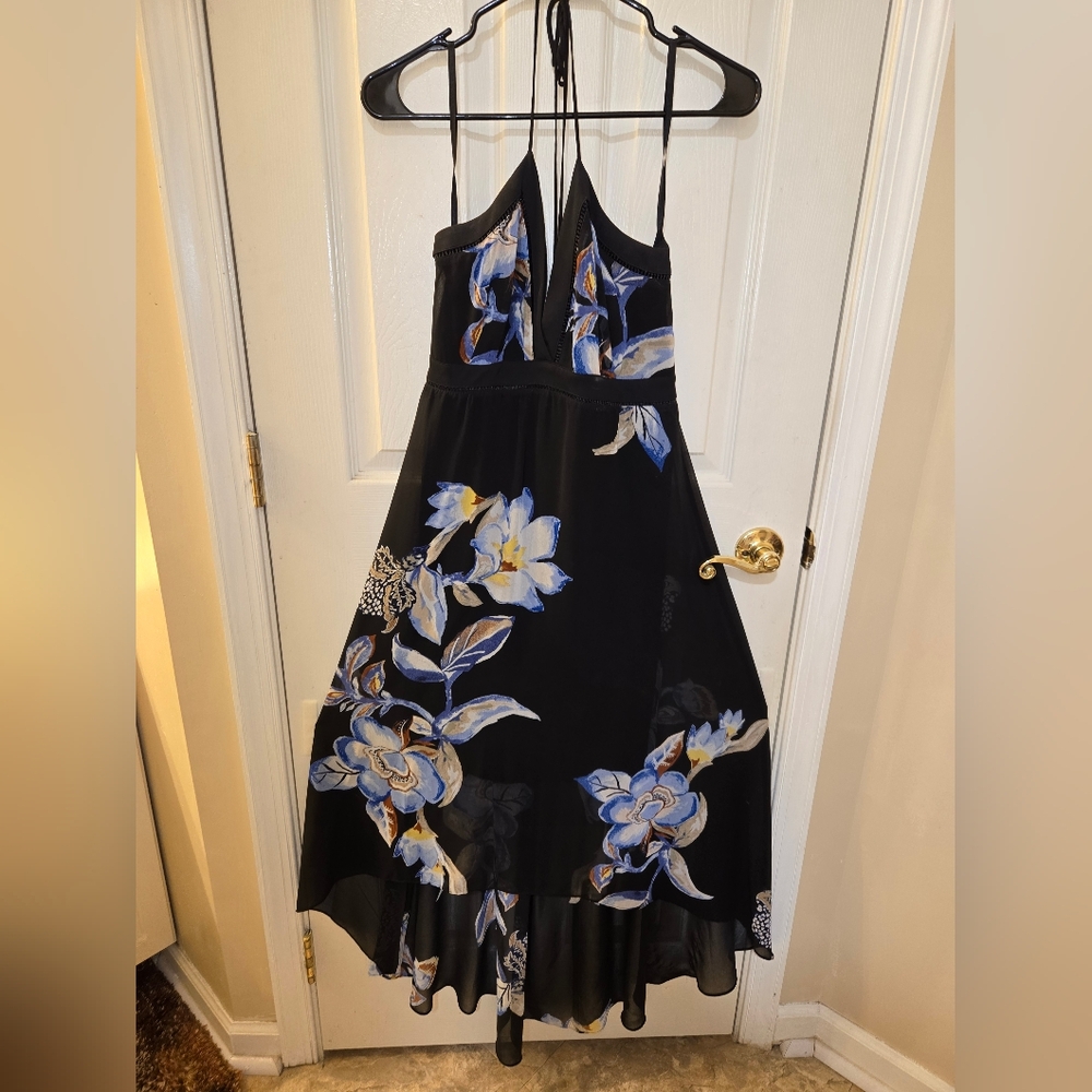 White House Black Market Black and Blue Floral High Low Dress